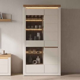 Nessa Wooden Display Cabinet 2 Doors in Cashmere and Stone Oak with LED