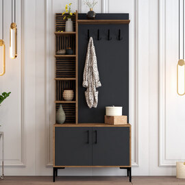 Nestor Wooden Coat Stand with 2 Doors in Walnut and Anthracite
