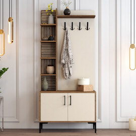 Nestor Wooden Coat Stand with 2 Doors in Walnut and Cream