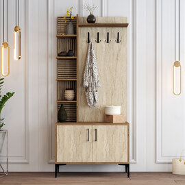 Nestor Wooden Coat Stand with 2 Doors in Walnut and Travertine Marble Effect