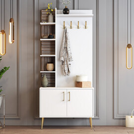 Nestor Wooden Coat Stand with 2 Doors in White and Gold