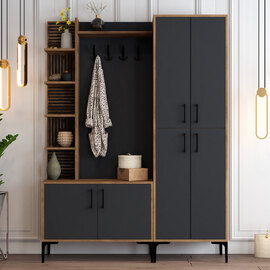 Nestor Wooden Coat Stand with 6 Doors in Walnut and Anthracite