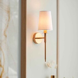 Newkirk Vintage White Fabric Wall Light In Brass