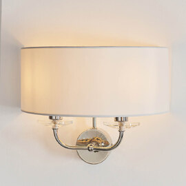 Newton 2 Light Vintage White Fabric Wall Light In Bright Nickel
