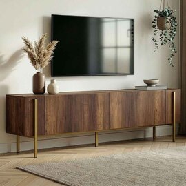Nexio Wooden TV Stand with Metal Legs in Barok Walnut and Gold
