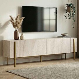 Nexio Wooden TV Stand with Metal Legs in Travertine Marble Effect and Gold