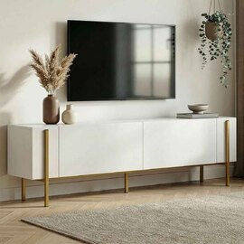 Nexio Wooden TV Stand with Metal Legs in White and Gold