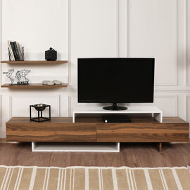 Nilora Wooden TV Stand with Wall Shelf in Teak and White