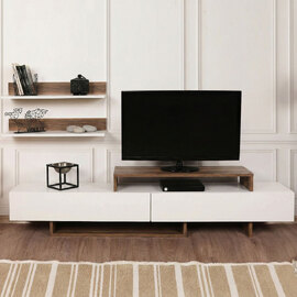 Nilora Wooden TV Stand with Wall Shelf in White and Teak