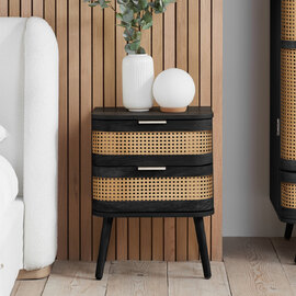 Niven Wooden Bedside Cabinet with 2 Rattan Drawers in Black