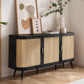 Niven Wooden Storage Cabinet with 3 Rattan Doors in Black
