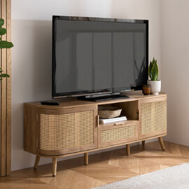 Niven Wooden TV Stand with 2 Rattan Doors 1 Drawer in Oak