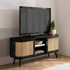 Niven Wooden TV Stand with 2 Rattan Doors in Black
