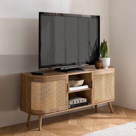 Niven Wooden TV Stand with 2 Rattan Doors in Oak