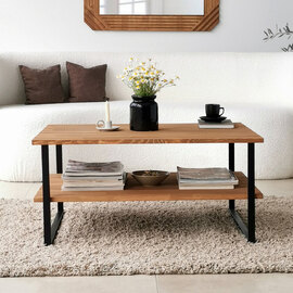Nivora Pine Wood Coffee Table with Metal Frame in Oak