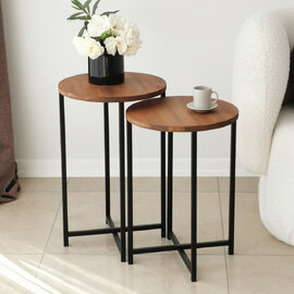 Nivora Pine Wood Nest Of 2 Side Table with Metal Frame in Oak