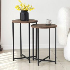 Nivora Pine Wood Nest Of 2 Side Table with Metal Frame in Walnut