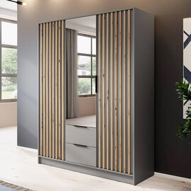 Newberry Mirrored Wardrobe With 3 Hinged Doors 155cm In Grey