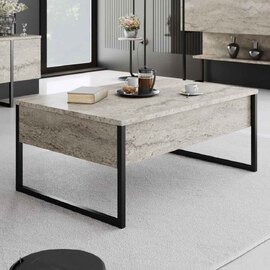 Nordic Wooden Coffee Table with Black Metal Frame in Travertine Marble Effect