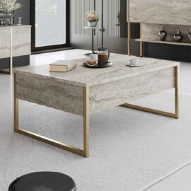 Nordic Wooden Coffee Table with Gold Metal Frame in Travertine Marble Effect