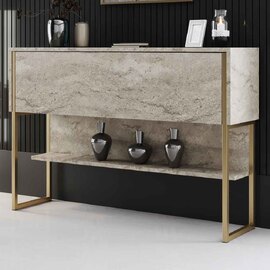 Nordic Wooden Console Table With Gold Metal Frame in Travertine Marble Effect