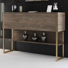 Nordic Wooden Console Table With Gold Metal Frame in Walnut