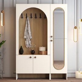 Nordo Wooden Coat Stand with Mirror in Cream and Oak