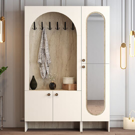 Nordo Wooden Coat Stand with Mirror in Cream and Travertine Marble Effect