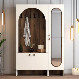 Nordo Wooden Coat Stand with Mirror in Cream and Walnut