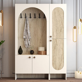 Nordo Wooden Coat Stand with Shoe Storage in Cream and Travertine Marble Effect