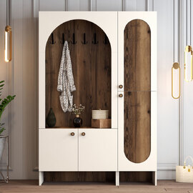 Nordo Wooden Coat Stand with Shoe Storage in Cream and Walnut