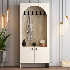 Nordo Wooden Coat Stand with Storage in Cream and Travertine Marble Effect