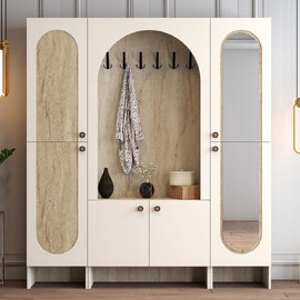 Nordo Wooden Hallway Funiture with Mirror in Cream and Travertine Marble Effect