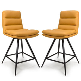Norton Ochre Leather Counter Bar Chairs With Metal Legs In Pair