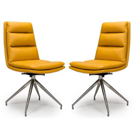 Norton Ochre Leather Dining Chairs With Steel Legs In Pair