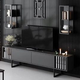 Novara Wooden Entertainment Unit With 2 Wall Shelves Anthracite And Black
