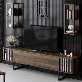 Novara Wooden Entertainment Unit With 2 Wall Shelves Walnut And Black