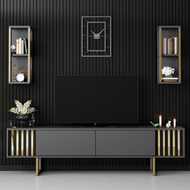Novara Wooden Entertainment Unit with 2 Wall Shelves Anthracite and Gold