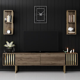 Novara Wooden Entertainment Unit with 2 Wall Shelves Walnut and Gold