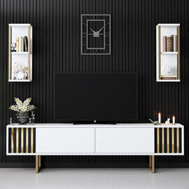 Novara Wooden Entertainment Unit with 2 Wall Shelves White and Gold
