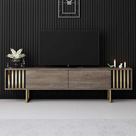 Novara Wooden TV Stand with Metal Legs in Walnut and Gold