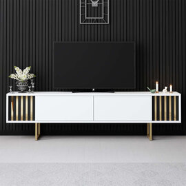 Novara Wooden TV Stand with Metal Legs in White and Gold