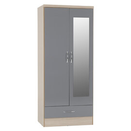 Mack Oak Wooden Wardrobe With 2 Doors 1 Drawer Grey Gloss Front