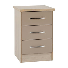 Mack Oak Wooden Bedside Cabinet With 3 Drawers Oyster Gloss Front
