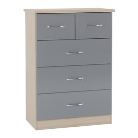 Mack Wooden Chest Of 5 Drawers With Grey Gloss Front In Oak