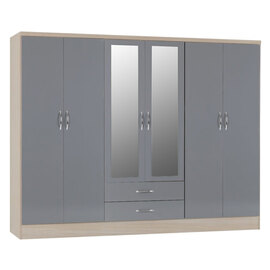 Mack Oak Wooden Wardrobe With 6 Doors Grey Gloss Front