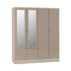 Mack Oak Wooden Wardrobe With 4 Doors Oyster Gloss Front