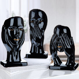 Ocala Ceramics 3 Head Figures Sculpture In Black And Gold