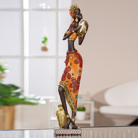 Ocala Synthetic Resin African Lady Playing Tambourine in Brown and Red