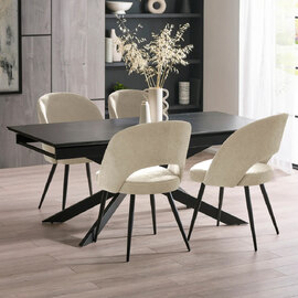 Ocoee Black Ceramic Top Extending Dining Table With 4 Erie Beige Chairs